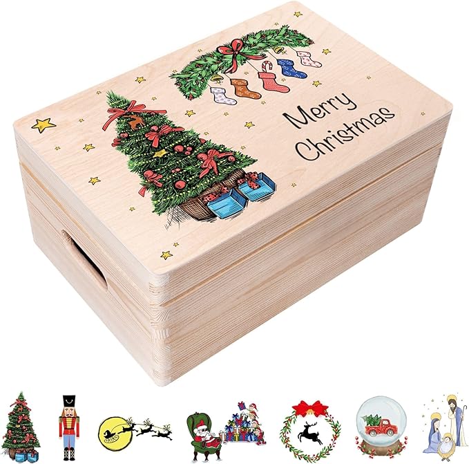 Creative Deco Personalized Christmas Tree Wooden Storage Box | 11.8x7.87x5.51in (+-0.5) | Hinged Lid Handles Engraving | Multiple Choice | Gift Box | Rough UNSANDED Keepsake Memory Souvenir Chest