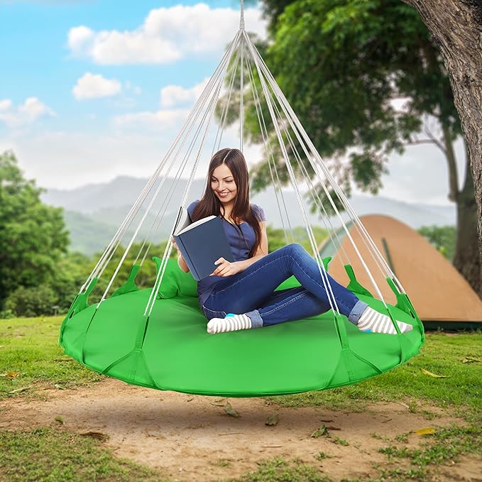Sorbus 56 Stylish Hanging Swing Nest - Premium Cotton Double Hammock Daybed Saucer Swings Lounger - 264lbs Spinner Swing w/Pillow - Easy Setup Sturdy Tree Swing - for Indoor/Outdoor Travel - Green