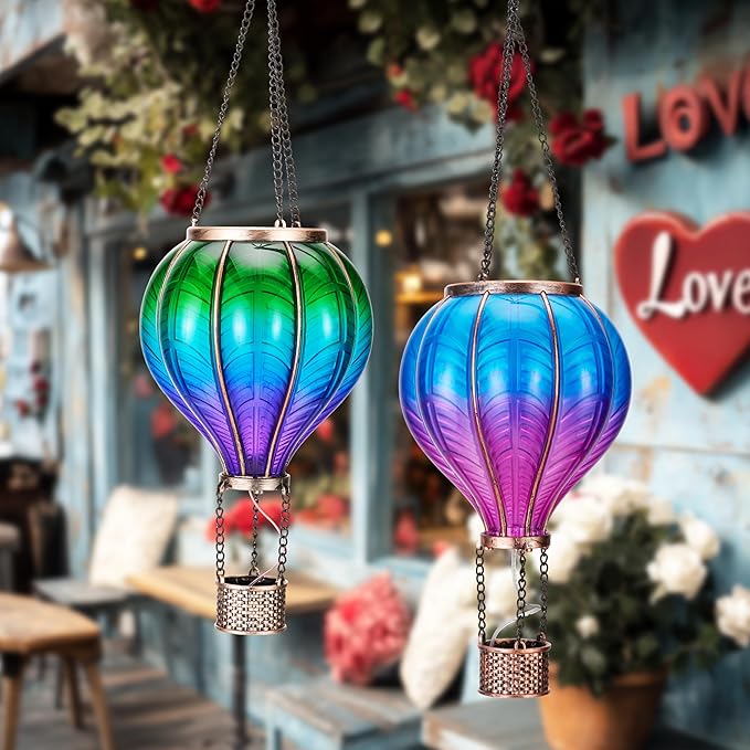 TERESA'S COLLECTIONS 2 Pack Hanging Solar Lantern Outdoor Garden Decor for Valentine Waterproof Plastic Hot Air Balloon Green Flickering Flame Effect Lantern for Yard Tree 18