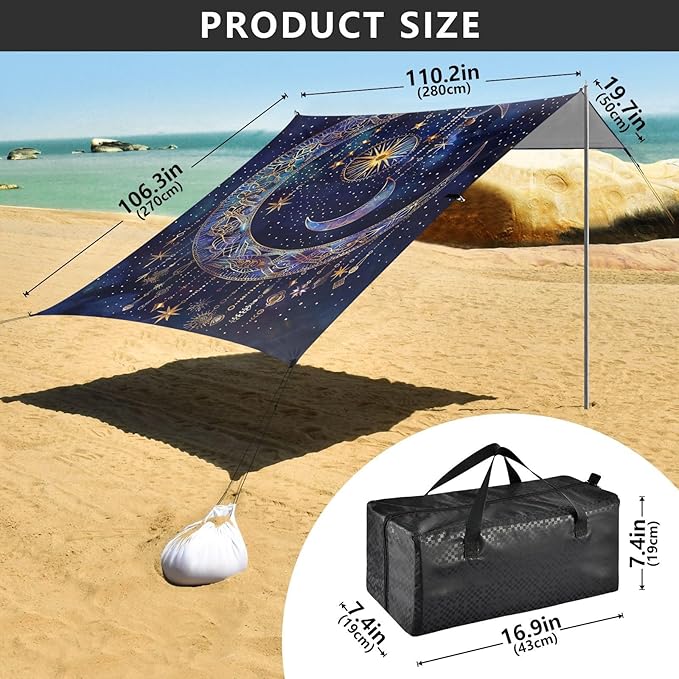 ALAZA Astrology Mystical Bohemian Moon Stars Boho Beach Tent Sun Shelter Portable Canopy Sunshade for Outdoor Camping Picnics Backyard Fun 10x9 ft
