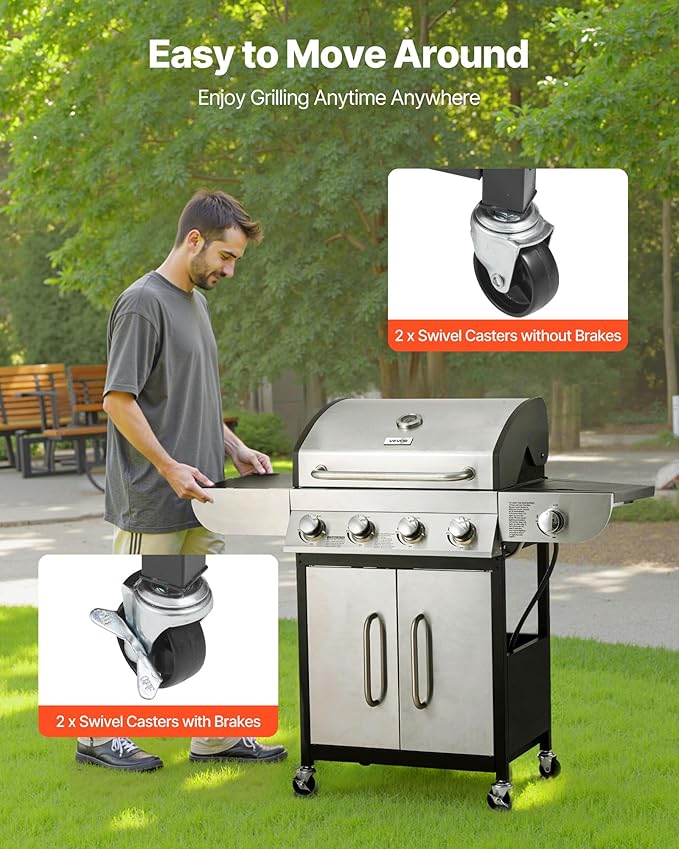 VEVOR Gas Grill 4 Burner Propane Gas Grill with Side Burner 425 SQ.In Grilling Area Carbon Steel Enamel Grates Outdoor 52000 BTU Patio Garden BBQ Grills with Two Side Shelves Stainless Steel