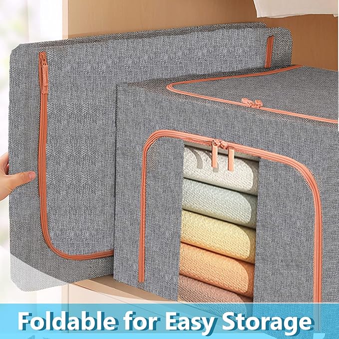 Large Capacity Clothes Storage BagsStackable Storage Organizer with Foldable Metal Frame 2-Way Zipper Handles Clear Window for Clothes Bedding Seasonal Storage (3Pack 66L)