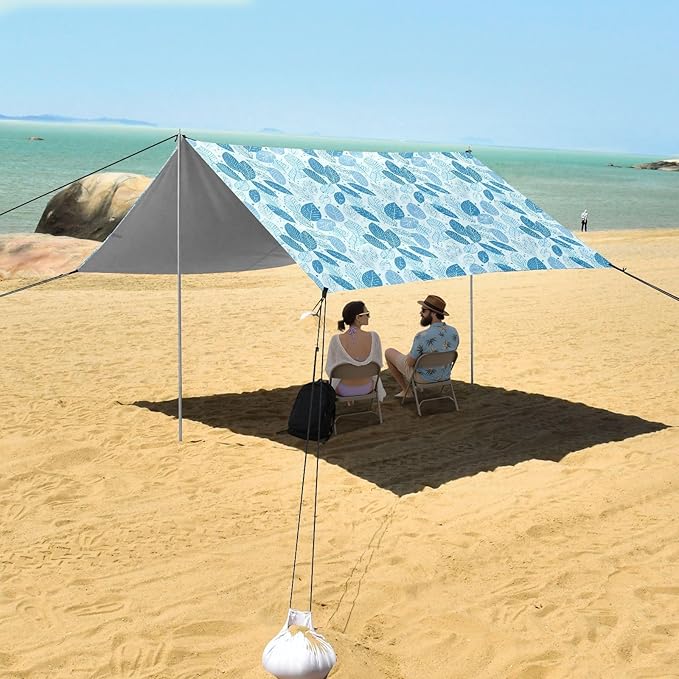 ALAZA Blue Leaves Doodle Beach Tent Sun Shelter UPF50+ Protection Beach Shade Canopy w/ 4 Sandbags for Outdoor Camping Fishing Backyard Fun Picnic 10x9 ft