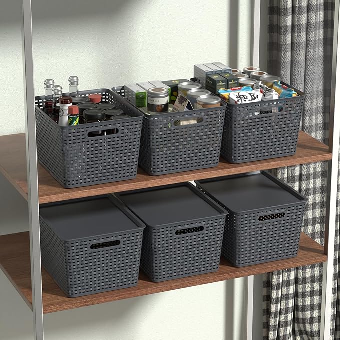 6 Packs Large Plastic Storage Basket Bin with Lid Tall Stackable Lidded Organizer Baskets for Desktops Closets Shelves Gray