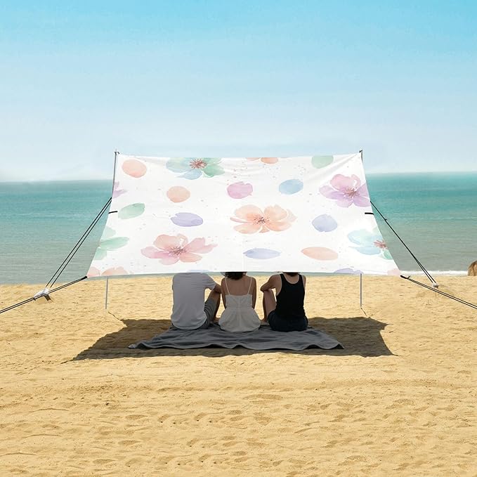 Wildflowers Beach Canopy Sun Shelter with Sandbags &amp Sand Shovel &amp Windproof Ropes - Portable 110x126 Beach Shade Beach Tent for Camping Picnics