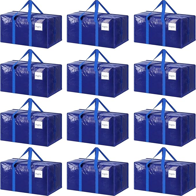 12 Pack Extra Heavy Duty Large Moving Bags with Strong Zipper &amp Comfortable Handles Sturdy &amp Durable Clothes Storage Bags Totes Bins Packing Moving Boxes for College Supplies Blue