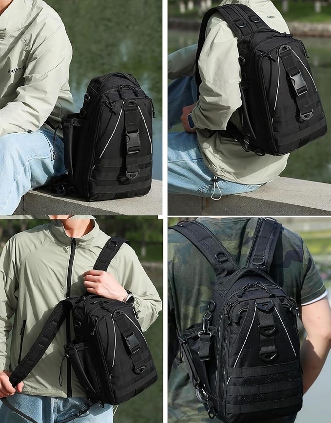 Mint &amp Moss Tactical Backpack for Men Water Resistant Tackle Backpack with Rod Holder &amp Tackle Box Kit Lightweight Sling Fishing Bag for Trekking Survival Camping Fitness Travel (Black)
