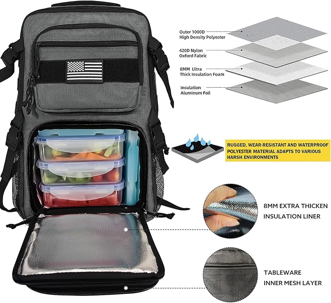 519 Fitness [Tactical All-Around] Modular Meal Prep Backpack - Stealth Grey - Fits 17 Laptop - Removable Meal Part Hydration Bladder 3 Containers 2 Ice Packs &amp US Flag Patch