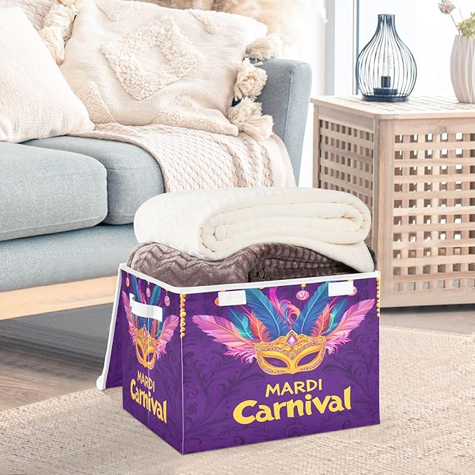 Storage Baskets with Lids Mardi Gras Carnival Mask Collapsible Bins Stackable Fabric Linen Baskets Closet Organizer Container 16.5x12.6x11.8