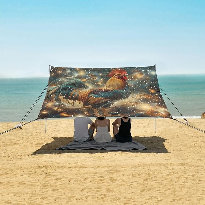 ALAZA Rooster Starry Nebula Beach Tent Sun Shelter Portable Canopy Sunshade for Outdoor Camping Picnics Backyard Fun 10x9 ft