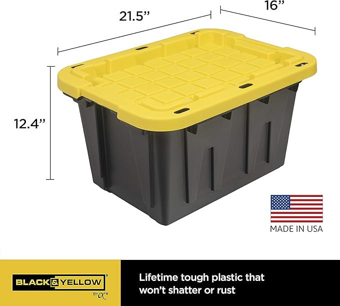 CX BLACK &amp YELLOW 12-Gallon Heavy Duty Storage Bins with Lids Stackable Plastic Storage Bins with Weather-Resistant Design Home Organization 4 Pack (12.51H x 16.3W x 21.8D)