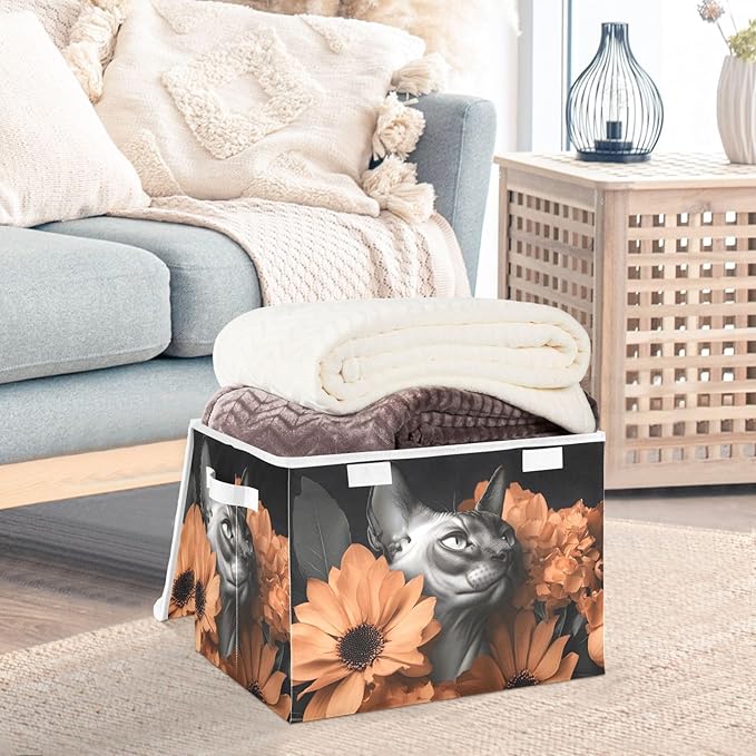 AIXIWAWA Lidded Storage Cube (Sphynx Cat Floral) Fabric Foldable Closet Bins with Flip Lid and Handles Organizer Basket Container 16.5 x 12.6 x 11.8 IN