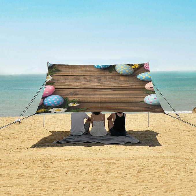 ALAZA Happy Easter Banner Wood Colored Easter Eggs Beach Tent Sun Shelter Portable Canopy Sunshade for Outdoor Camping Picnics Backyard Fun 10x9 ft