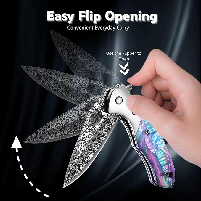 Outdoor Hiking folding knife wood handle pocket folding knifedamascus hunting Folding KnifeHandmade Forged VG10 Damascus Steel BladeGenuine Rainbow HandleEDC Cool Knives for Mens Gift Home