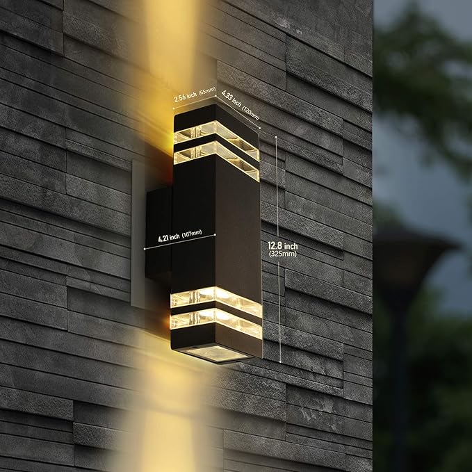 LANFU 12.8inch LED Rectangular Outdoor Light Fixture Wall Sconce Lights 12W Large Modern Exterior Light for House Patio Porch Garage Black 2700k IP65 Waterproof Outdoor Up and Down Lights 2PCS