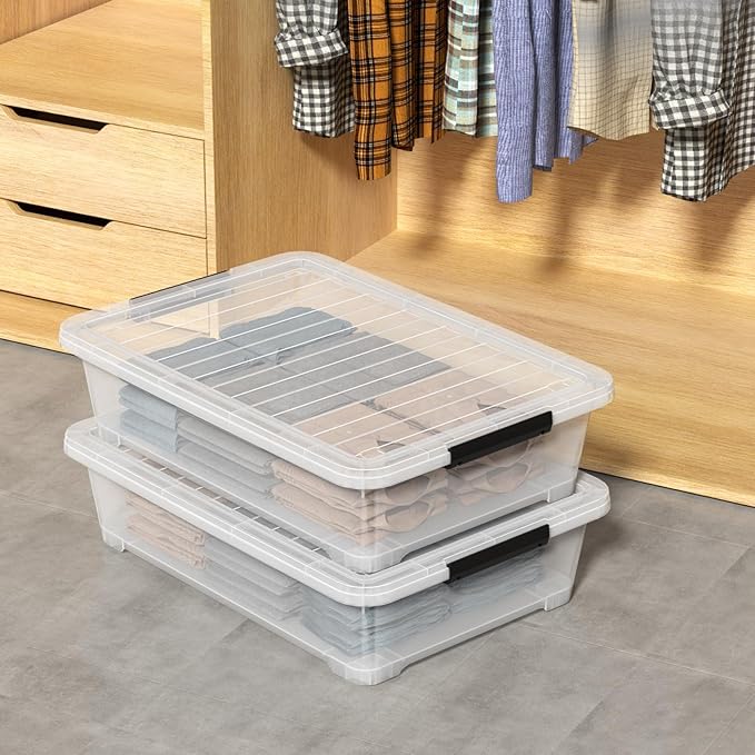 40 Quart Plastic Underbed Storage Boxes Large Clear Storage Bin with Wheels 4 Packs