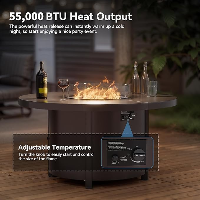 Kullavik 48 Round Propane Fire Pit Table55000 BTU Auto-Ignitiongas Gas Fire Table with Fire Glass and LidWaterproof Cover and Pumice Stone for PatioBalconyGarden