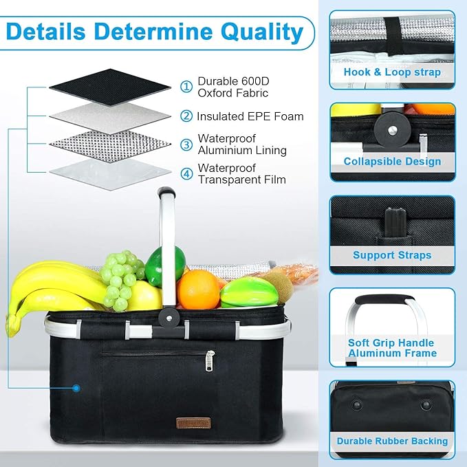 LIQING 35L Large Picnic Basket 2 Layers of Internal Pockets Leak-Proof and Insulated Folding with Internal Support for enhansed Stability Wedding Gifts for Couple(Black)