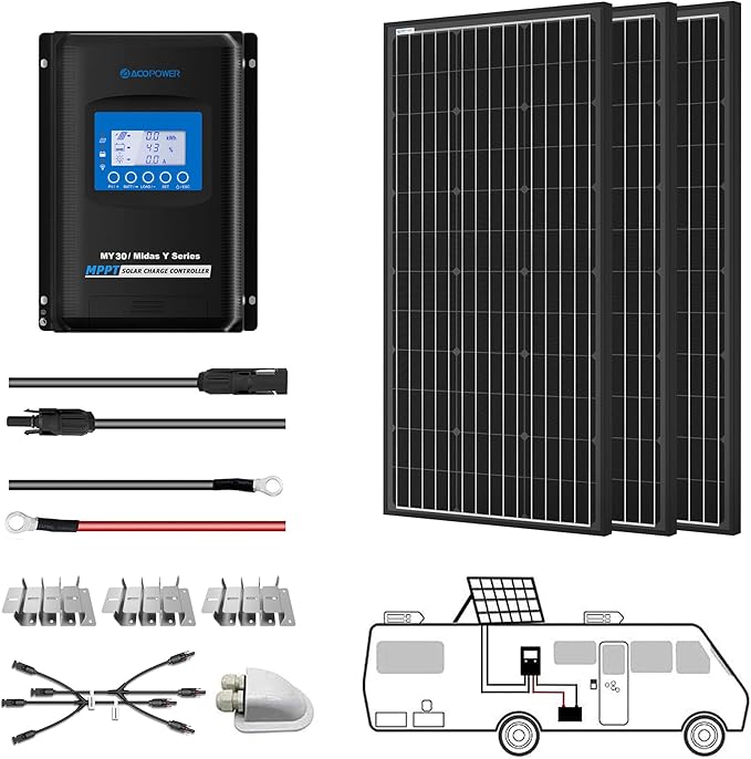 ACOPOWER 300 Watt Solar Panel Kit High Efficiency Monocrystalline 3*100W Solar Panels with 30A MPPT LCD Charge Controller/Mounting Brackets/Y Connectors/Solar Cables/Cable Entry housing （3×100W Kit）