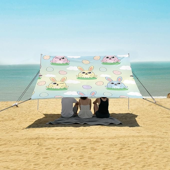 Beach Canopy with Windproof Ropes &amp Sandbags Beach Tent Sun Shade Sun Shelter for Camping Trips Fishing Backyard Fun or Picnics Easter Bunny