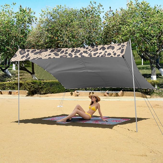 Leopard Print Pattern Stable Beach Tent UPF50+ Easy Setup Portable Sun Shelter with Sandbags and Shovel for Camping Trips Fishing Backyard Fun or Picnics