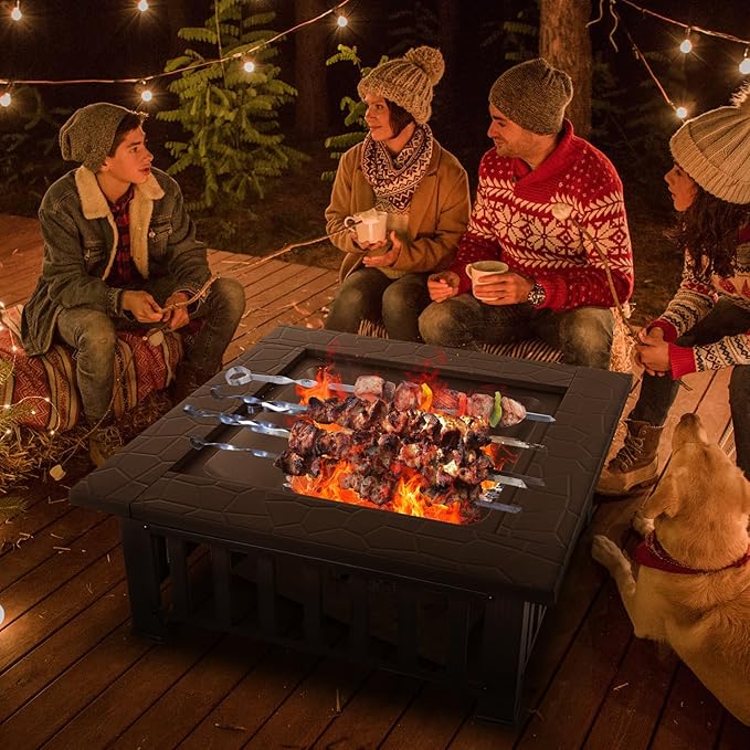 Panovue Multifunctional Fire Pit Table 32 inch Square Metal Firepit Stove Backyard Patio Garden Fireplace for Camping Outdoor Heating Bonfire and Picnic