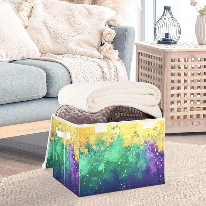 Mardi Gras Background Fabric Storage Bins with Lids and HandleFoldable Storage Bins with LidsCloset Organizers for Clothes Storage Room Organization Office Storage Chest Organizer