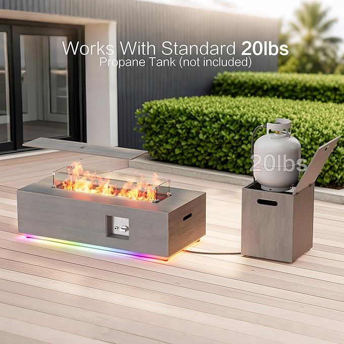 42 Outdoor Fire Pit Table 50000 BTU Gas Fire Pit with Glass Wind Guard Fire Stones Waterproof Cover Propane Fire Pit Table for Outside Patio (RGB Light Brown)