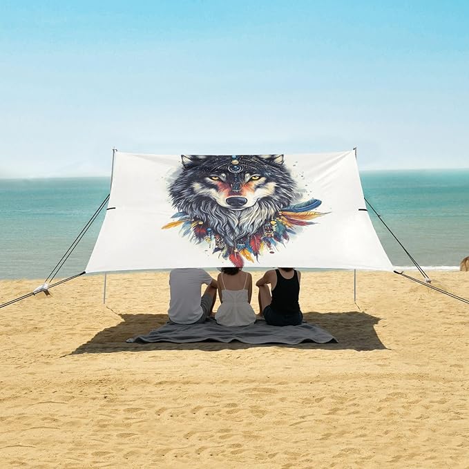 ALAZA Boho Wolf Potrait Beach Tent Sun Shelter UPF50+ Protection Beach Shade Canopy w/ 4 Sandbags for Outdoor Camping Fishing Backyard Fun Picnic 10x9 ft