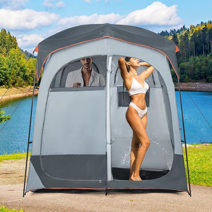 Tangkula Double Room Shower Tent Oversize Space Privacy Tent with Floor Removable Rain Fly Inside Pocket Clothesline Top Hook Portable Outdoor Changing Tent for Dressing Camping Toilet