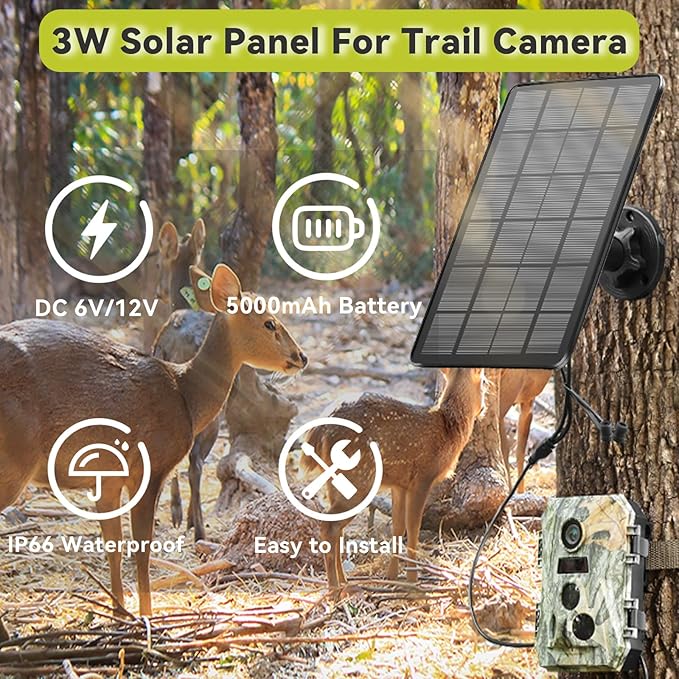 LIYVZ Trail Camera Solar Panel with Bulit-in 5000mAh Battery 2 Pack 3W Solar Panel for Trail Camera IP66 Waterproof Multi Interfaces with USB-C &amp DC 6V/9V/12V Output 360° Adjustable