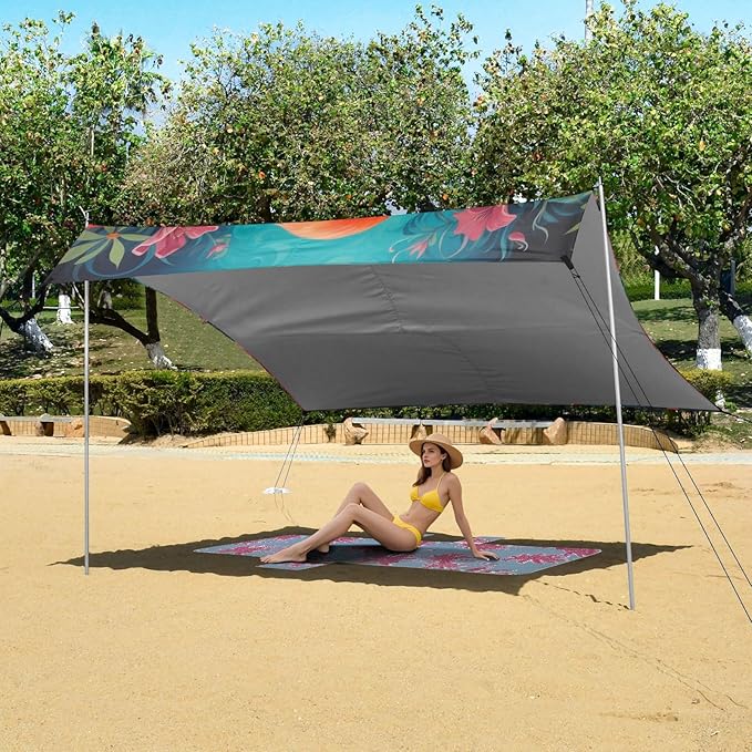 ALAZA Tropic Flamingo Flowers Chameleon Beach Tent Sun Shelter Portable Canopy Sunshade for Outdoor Camping Picnics Backyard Fun 10x9 ft