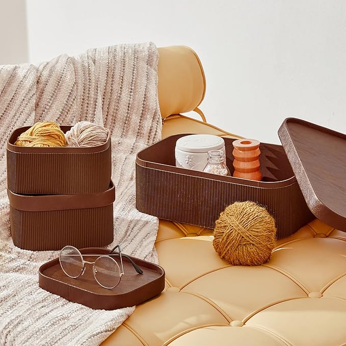 LA JOLIE MUSE Fluted Cardboard Storage Baskets with Leather-Like Lids Sturdy Stackable Paper Boxes Decorative Tray Chocolate Brown Set of 3