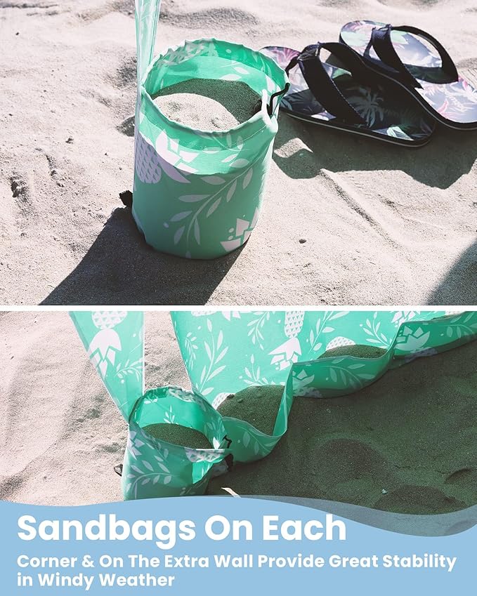 Qipi Updated Beach Cabana - Easy to Set Up Canopy Waterproof Portable 6' x Shelter Included Side Wall Shade with UPF 50+ UV Protection for Kids Family Green Pineapple Jungle