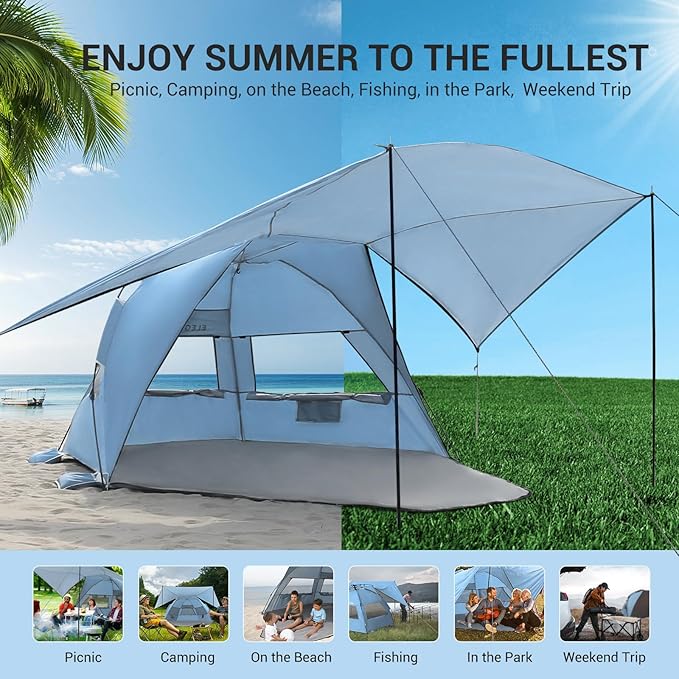 Elegear CumbreX™ Beach Tent with 360° Removable Canopy 4-6 Person Pop Up Sun Shade Shelter UPF 50+ Automated Installation Double Silver Coating Portable Lightweight Beach Cabana for Beach/Outdoor