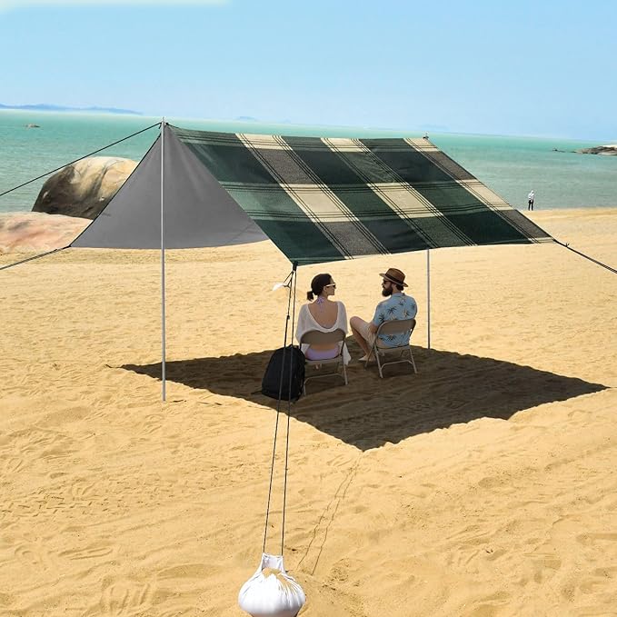 Springgreen Buffalo Plaid Check Tartan Scotland Beach Cabana Tent UPF50+ Easy Setup Shade Sun Shelter Includes Sand Shovel Sandbags Stability Poles for Camping Picnics Backyard &amp Fishing