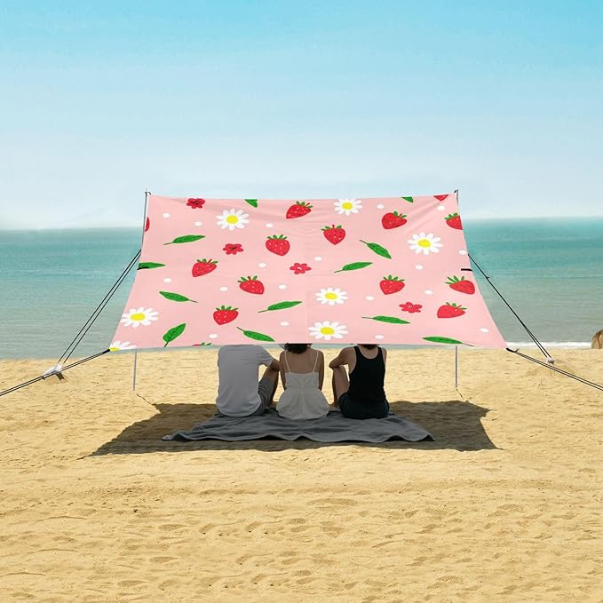 xigua Strawberry Beach Tent Sun Shelter with Carrying Bag - Silver Coated Oxford Fabric Beach Canopy for Beach Camping Fishing - Includes Windproof Ropes Sandbags &amp Stakes