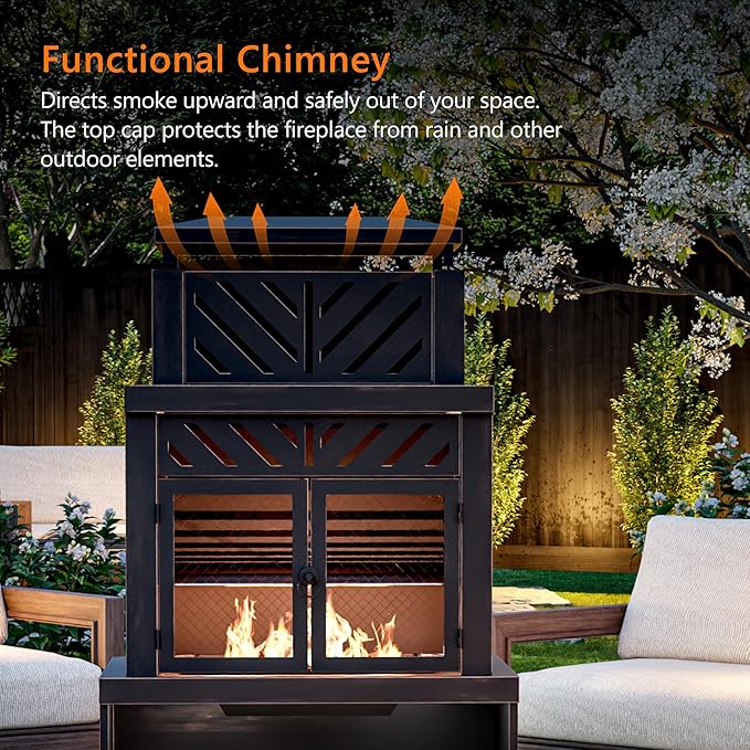 Outdoor Fireplace with Chimney and Wood Storage Metal Wood Burning Fire Pit with Heat Resistant Gloves Fire Poker and Grill Mesh Outside Fireplace for Patio Garden and Deck Black