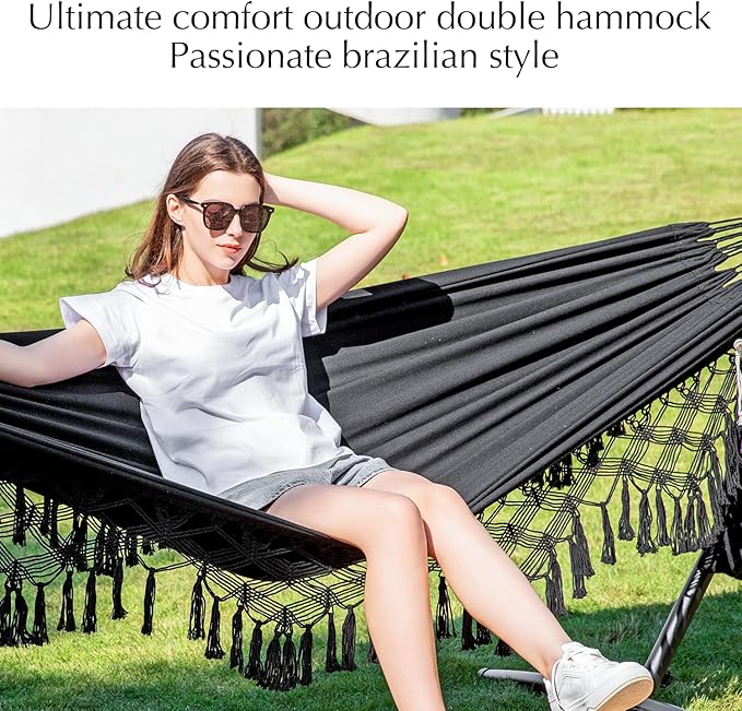 PNAEUT Handmade Tassel Hammocks Double Hammock with Stand for Outside Indoor Outdoor Max 450 lbs Capacity Pillow &amp Storage Bag Included (Black)