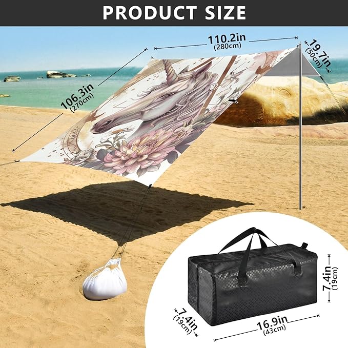 ALAZA Unicorn Flowers Golden Geometric Circles Triangles Beach Tent Sun Shelter Portable Canopy Sunshade for Outdoor Camping Picnics Backyard Fun 10x9 ft