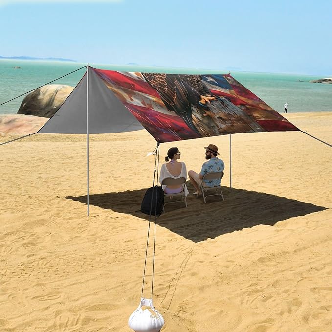 ALAZA Eagle USA American Flag Beach Tent Sun Shelter UPF50+ Protection Beach Shade Canopy w/ 4 Sandbags for Outdoor Camping Fishing Backyard Fun Picnic 10x9 ft