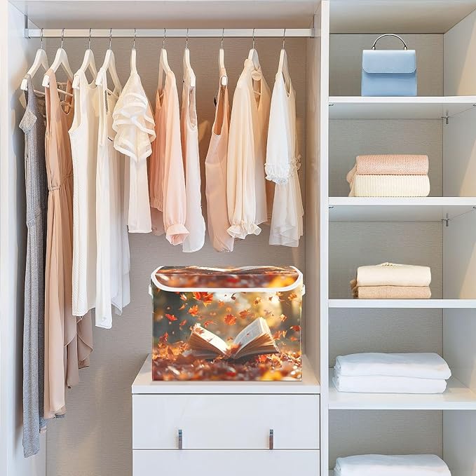 AIXIWAWA Lidded Storage Cube (Autumn Book) Fabric Foldable Closet Bins with Flip Lid and Handles Organizer Basket Container 16.5 x 12.6 x 11.8 IN