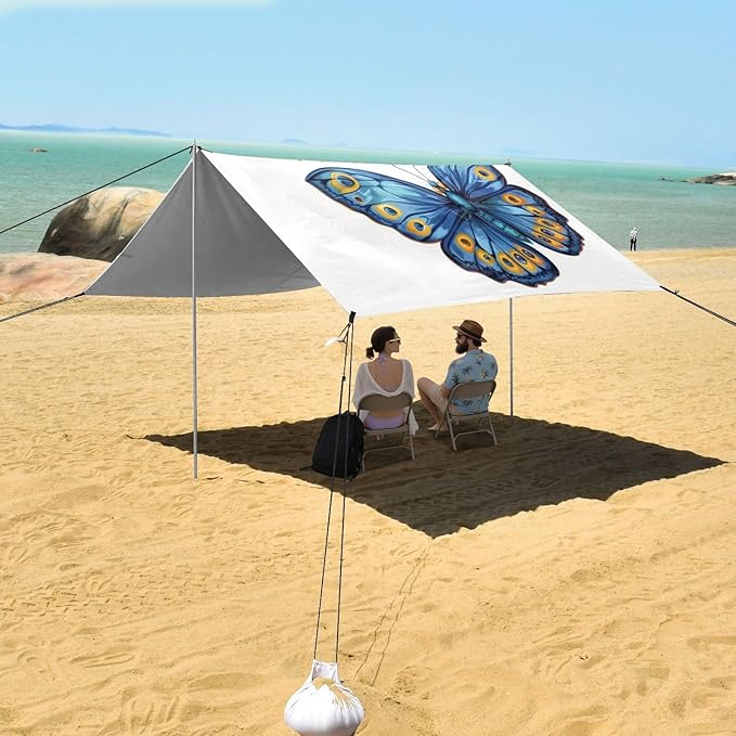 ALAZA Blue &amp Golden Butterflies Beach Tent Sun Shelter UPF50+ Protection Beach Shade Canopy w/ 4 Sandbags for Outdoor Camping Fishing Backyard Fun Picnic 10x9 ft