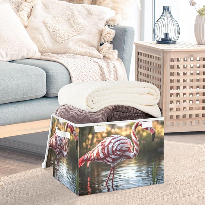 Storage Cube with Lid Flamingo Candy Print 16.5×12.6×11.8 IN Collapsible Large Capacity Foldable Storage Basket Bin Organizer