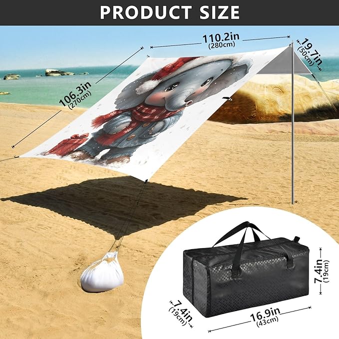ALAZA Christmas Elephant Beach Tent Sun Shelter UPF50+ Protection Beach Shade Canopy w/ 4 Sandbags for Outdoor Camping Fishing Backyard Fun Picnic 10x9 ft
