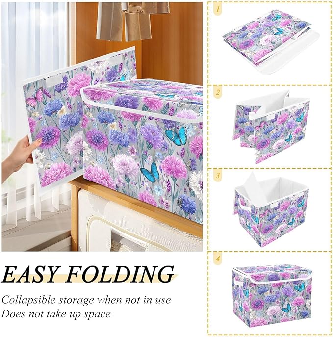 Grey Pink Corflower Butterfly Storage Box with Lid 1 PC Foldable Storage Bin with Lids Stackable Storage Bins Cube Closet Organizer Basket with Flip-Top Lid &amp Handles for Shoes Books Towels