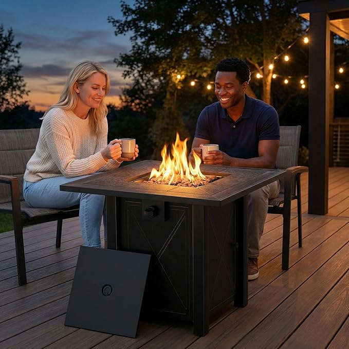 HOTEAGLE 30 Propane Fire Pit with Premium Ceramic Tabletop 50000 BTU Powerful Gas Firepit Table - Includes Lid and Lava Rocks Ideal Outdoor Fire Pit for Dining Party in Patio Garden Yard