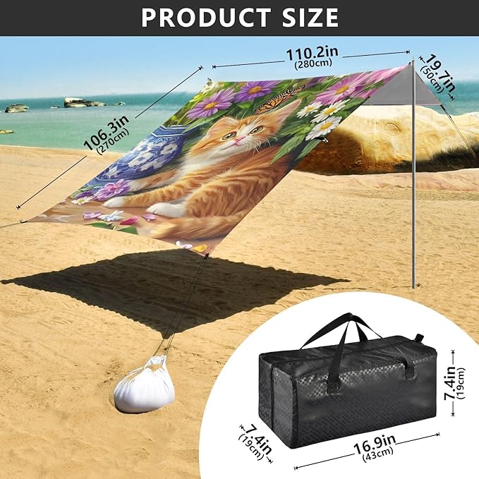 ALAZA Cute Orange Cat Flower Beach Tent Sun Shelter Portable Canopy Sunshade for Outdoor Camping Picnics Backyard Fun 10x9 ft