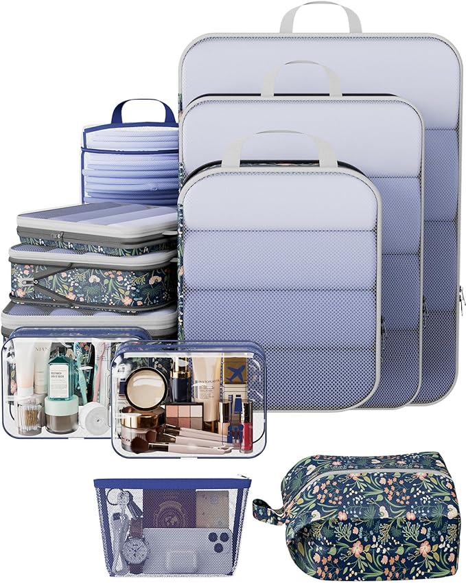 Veken 11 Set Compression Packing Cubes for Travel EssentialsCompressible Expandable Large Luggage Suitcase Organizer Bags for ClothingDurable Space Saver Storage Bags(Dark Blue Floral)