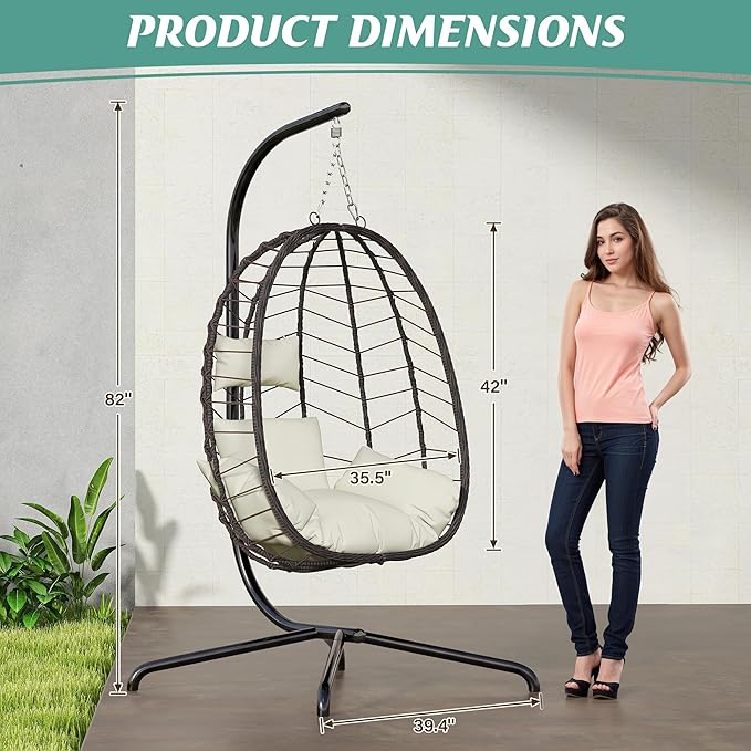 LEX CRAFT Hanging Egg Chair with Stand Swinging Egg Chair Outdoor Indoor Hanging Basket Chair with Cushion Patio Wicker Hammock Chair 350lbs Capacity for Porch Balcony Backyard Garden (Beige)